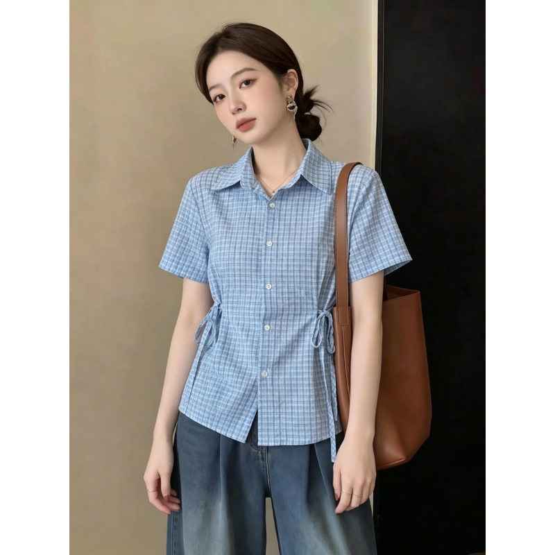 소금 부서 격자 무늬 셔츠 여성용 짧은 소매 여름 새로운 한 부서 디자인 센스 스트랩 허리 수축 품격 슬림해 보이는 셔츠