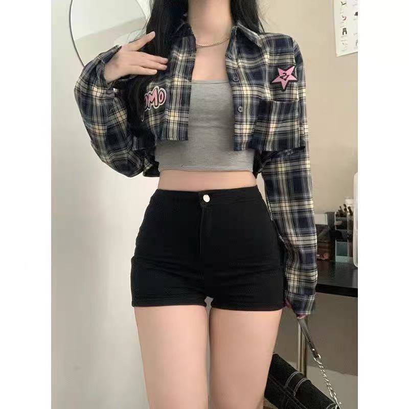 BY32541# 格子衬衫女短款秋冬新款港味时尚小个子宽松休闲外穿长袖磨毛衬衣 服裝批發女裝批發服飾貨源