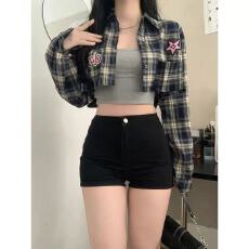 批发格子衬衫女短款秋<b class='q'>冬</b>新款港味时尚小个子宽松休闲外穿长袖磨毛衬衣