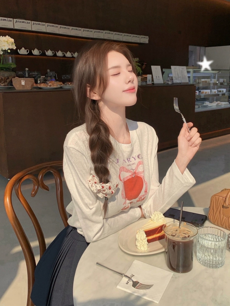 자오 이슬 생각하기 같은 단락 나비 매듭 애플 프린트 마이크로 ~을 통해 원단 긴팔 티셔츠 맨위 여성