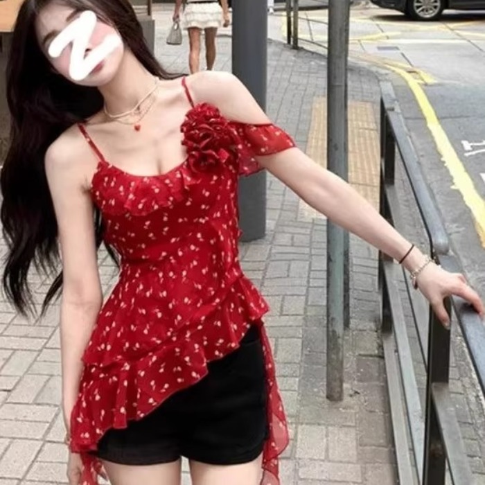 꽃무늬 불규칙 프릴 캐미솔 여름 디자인 센스 허리 수축 몸매 가꾸기 민소매 쉬폰 톱
