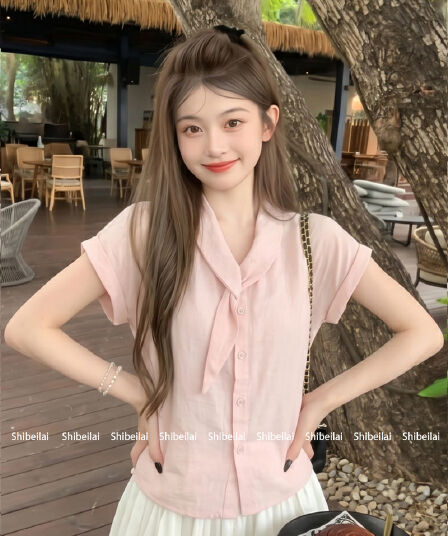 핑크색 V넥 반팔 여성 셔츠 2026 여름 새로운 디자인 센스 프랑스식 리본 셔츠 Chic 캐주얼 맨위