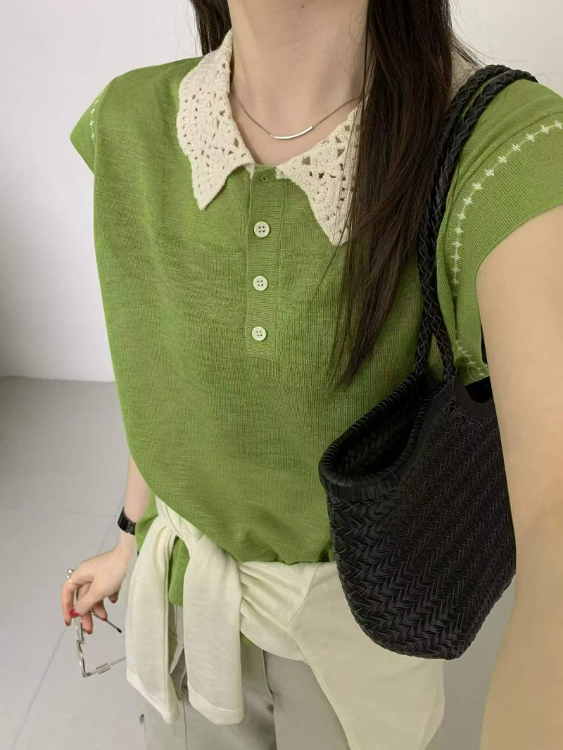 한 부서 폴로 칼라 스트라이프 패치워크 색상 티셔츠 여성 여름 얇은 스타일 Feifei 소매 얇은 스타일 얼음 실크 니트 스웨터 캐주얼 맨위