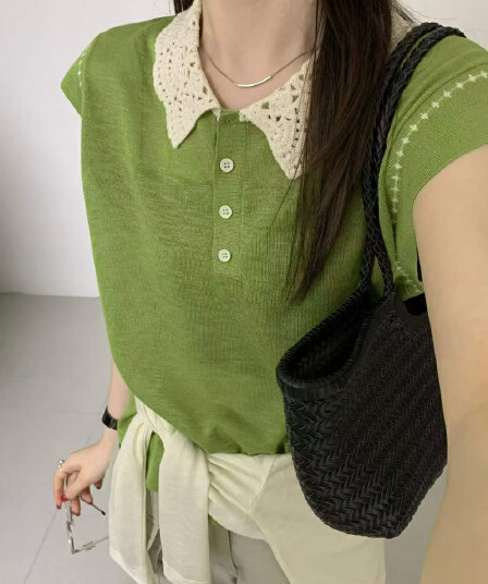 한 부서 폴로 칼라 스트라이프 패치워크 색상 티셔츠 여성 여름 얇은 스타일 Feifei 소매 얇은 스타일 얼음 실크 니트 스웨터 캐주얼 맨위