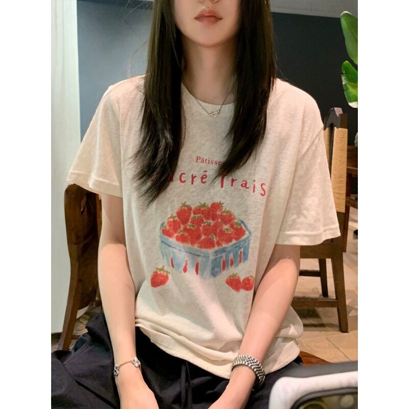 자연 눈꽃 면 신선함 딸기 프린트 반팔 티셔츠 와 성별 마이크로 ~을 통해 루즈핏 느긋한 화이트 맨위