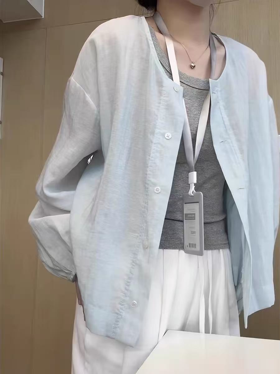 파란색 라이 경기 서울 주간 실크 오픈 가디건 여성 여름 유럽 상품 새로운 루즈핏 얇고 가벼운 자외선 차단 긴팔 다용도 캐주얼 맨위