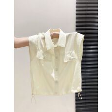 批发小众设计感无袖<b class='q'>衬衫</b>女夏季新款蓝色显白翻领抽绳收腰显瘦外搭上衣
