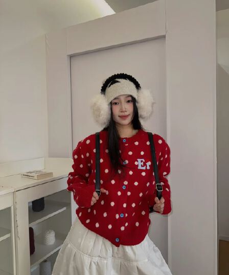 아메리칸 레트로 도트 무늬 오픈 가디건 파란색 스웨터 여성 코트 이른 가을 쇼트 스타일 느긋한 바람 니트 스웨터 맨위