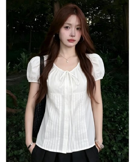 레이스업 싱글 줄 버튼 거품 소매 반팔 맨위 여름 새로운 한 부서 디자인 센스 루즈핏 슬림해 보이는 작은 키 셔츠