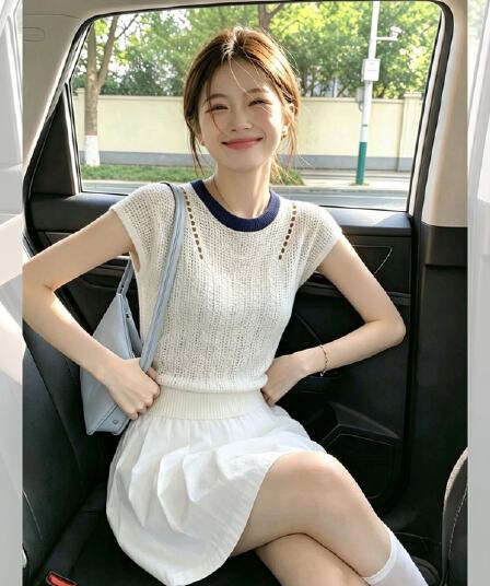 디자인 센스 화이트 홀로우 아웃 Feifei 소매 반팔 니트 스웨터 여성 여름 고급 센스 슈퍼 잘 생긴 ~ 중 얼음 실크 맨위 얇은
