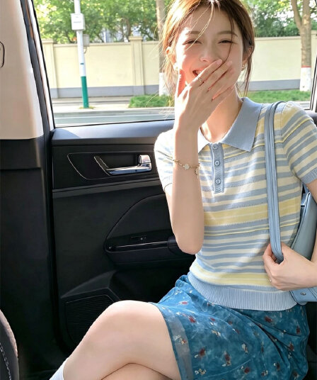 얼음 차가운 실크 워시 물 한 부서 착용 가져 가라. 파란색 스트라이프 POLO 칼라 반팔 티셔츠 여성 여름 다용도 니트 맨위