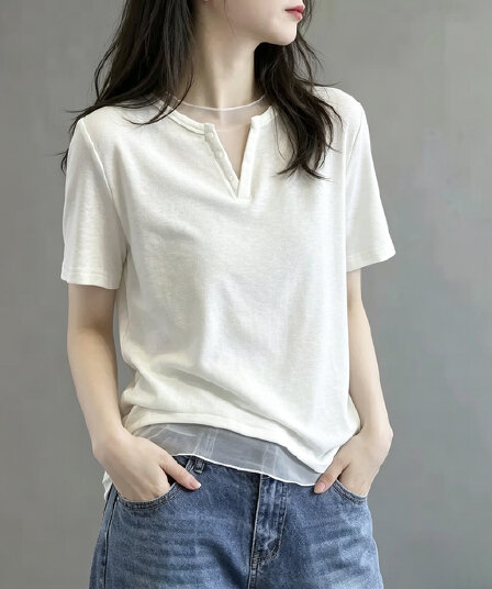망사 패치워크 V넥 검정색 반팔 티셔츠 여성 여름 새로운 긍정적 인 어깨 루즈핏 캐주얼 다용도 품격 슬림해 보이는 맨위