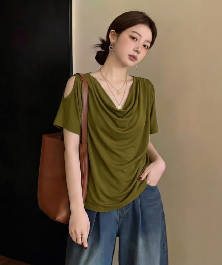 사람들 면 와 사고 방식 녹색 디자인 흔들다 칼라 오프숄더 반팔 티셔츠 여름 레트로 패션 자이언트 슬림해 보이는 맨위 여성