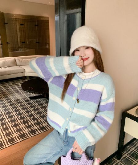 한 번 작은 짭짤한 한 부서 색상 스트라이프 쇼트 스타일 니트 오픈 가디건 여성 가을 겨울 루즈핏 스웨터 코트 맨위 겨울