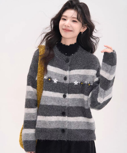 2026 새로운 가을 겨울 자수 꽃 스트라이프 스웨터 품격 오픈 가디건 라운드 넥 맨위 여성