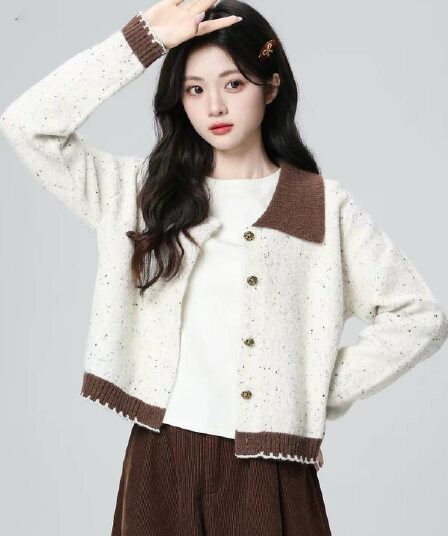 배색 폴로 칼라 스웨터 여성 코트 봄 가을 가을 겨울철 새로운 프랑스식 작은 샤넬 스타일 니트 오픈 가디건 쇼트 스타일 맨위