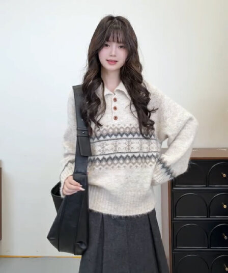 공정한 섬 POLO 칼라 스웨터 여자 가을 겨울 2026 가을 새로운 와이드 부드러운 찹쌀 풀오버 니트 스웨터 외출용 맨위