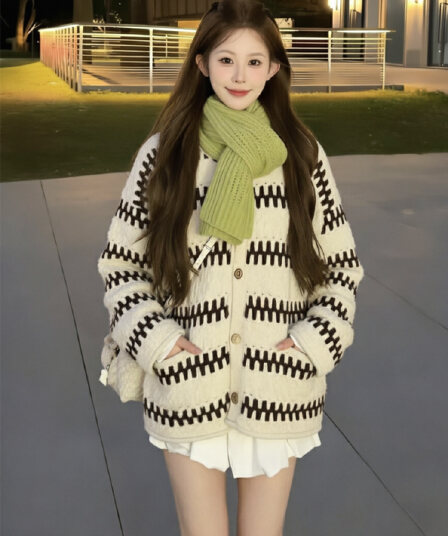 보존 섹션 추천 느긋한 바람 레트로 물결무늬 스트라이프 라운드 넥 스웨터 오픈 가디건 여성 겨울 루즈핏 니트 재킷