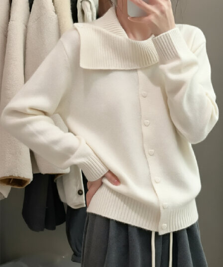 디자인 센스 작은 대중 회색 폴로 칼라 긴팔 니트 스웨터 여성 이른 봄 품격 Chic 불규칙 쇼트 스타일 오픈 가디건 맨위