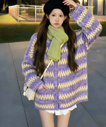 보존 섹션 추천 느긋한 바람 레트로 물결무늬 스트라이프 라운드 넥 스웨터 오픈 가디건 여성 겨울 루즈핏 니트 재킷