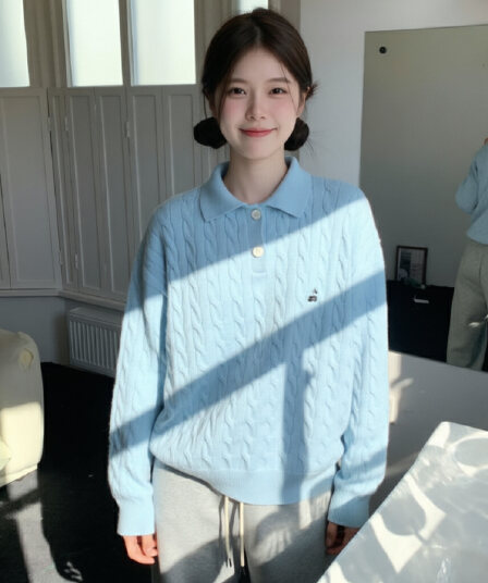무거운 아메리칸 레트로 POLO 칼라 스웨터 여자 가을 겨울 인사이드 가져 가라. 한 부서 파란색 맨위 포함 양모 니트 스웨터