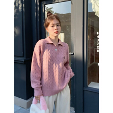 重磅美式复古polo领毛衣女秋冬内搭韩系蓝色上衣含羊毛针织衫