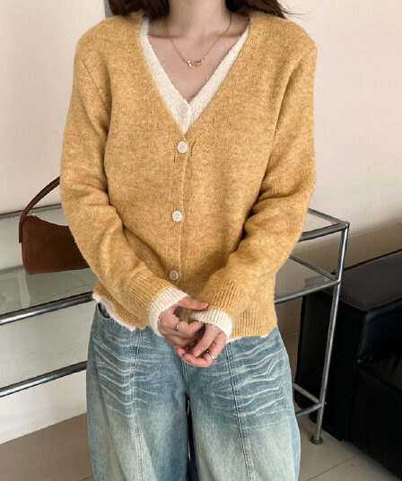 보존 섹션 추천 한 부서 배색 페이크 레이어드 니트 오픈 가디건 여성 가을 새로운 미니멀리즘 다용도 부드러운 찹쌀 스웨터