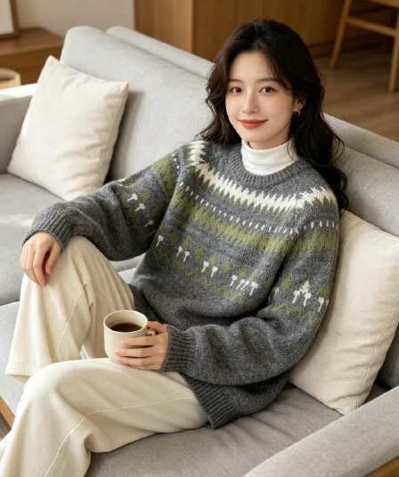 공정한 섬 자카드 라운드 넥 스웨터 여자 2026 새로운 루즈핏 레트로 배색 풀오버 부드러운 찹쌀 니트 스웨터