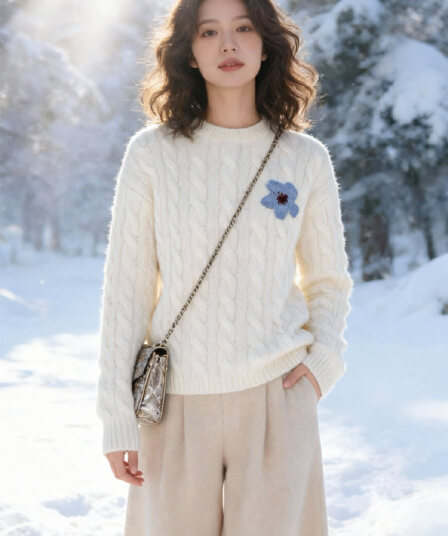 느긋한 바람 화이트 꽈배기 라운드 넥 양모 스웨터 여성 긴 소매 루즈핏 디스플레이 팬 꽃 니트 스웨터 2026 가을 겨울 신제품
