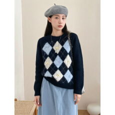 批发美拉德穿搭菱格提花软糯毛衣套头女宽松冬季加厚内搭针织衫上衣女