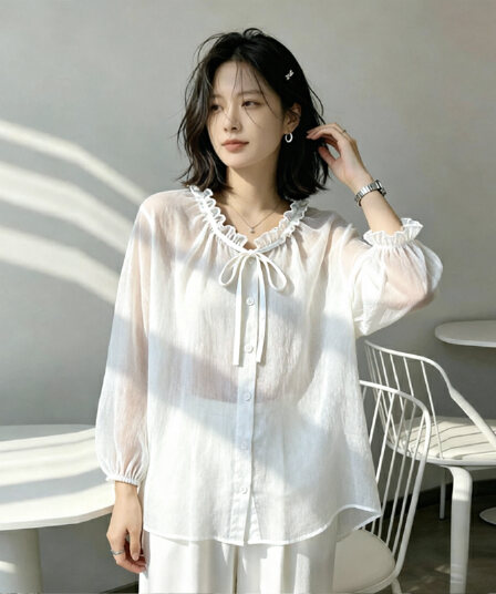 고유 한 Chic 슈퍼 잘 생긴 레이스업 목이버섯 V넥 자외선 차단 셔츠 여름 빛 얇은 얼음 실크 외부 가져 가라. 셔츠 재킷