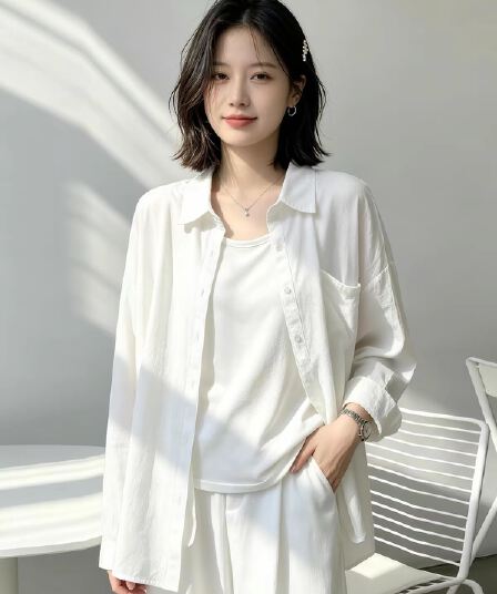 경관 그림 정가 아마 원단 주간 고양이 흔들어서 톤 품질 얇은 스타일 루즈핏 슬림해 보이는 아마 화이트 셔츠