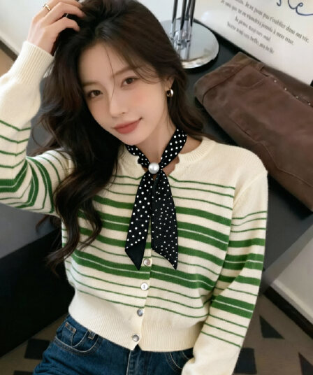 2026 가을 새로운 한 부서 루즈핏 슬림해 보이는 라운드 넥 리본 스트라이프 얇은 양모 니트 오픈 가디건 여성 다용도 맨위