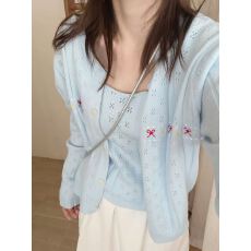 批发美风圆领镂空长袖针织开衫女装白色刺绣两件套温柔超仙针织衫潮
