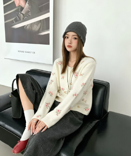 한 부서 달콤함 꽃무늬 니트 오픈 가디건 여성 가을 겨울 새로운 루즈핏 느긋한 바람 스웨터 코트