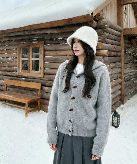 한 부서 소뿔 버클 후드 니트 오픈 가디건 여성 봄 가을 두꺼운 디자인 센스 느긋한 바람 레트로 보온 스웨터 코트
