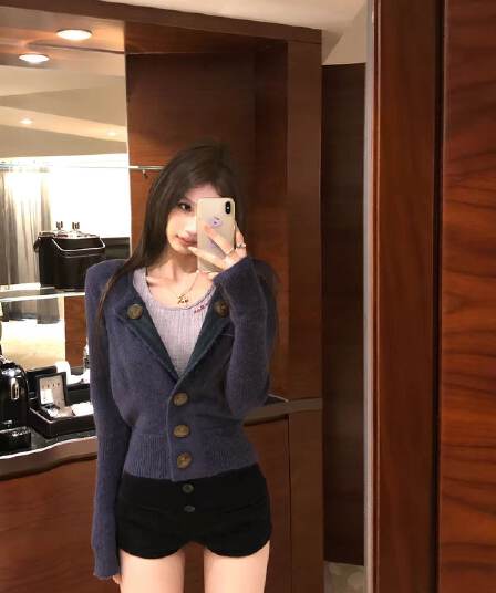 한 부서 배색 해군 칼라 니트 오픈 가디건 여성 짧은 몸매 가꾸기 회색 스트라이프 학원 스타일 긴팔 스웨터 코트 트렌디