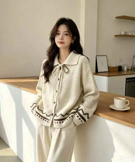 한 부서 분위기 센스 폴로 칼라 자카드 스웨터 오픈 가디건 여성 레이스업 문 襟 웨이브 루즈핏 레트로 부드러운 찹쌀 니트 재킷