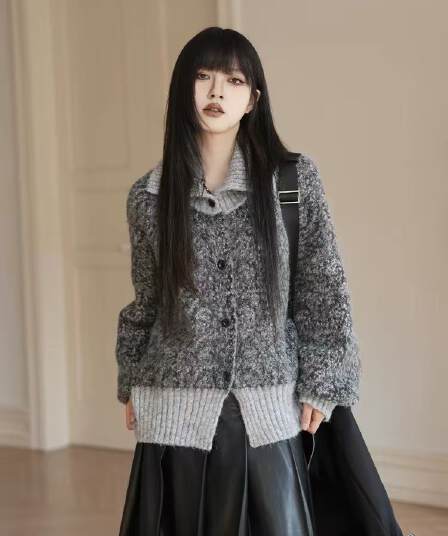 레트로 느긋한 바람 녹색 양모 니트 오픈 가디건 여성 가을 겨울철 새로운 두꺼운 루즈핏 터틀넥 스웨터
