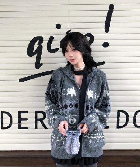 고양이 자카드 스웨터 코트 남자 겨울 공정한 섬 오픈 가디건 니트 스웨터 양모 셔츠
