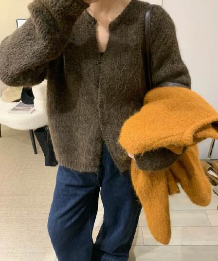 레트로 작은 대중 V넥 서클 플러시 니트 오픈 가디건 여성 느긋한 바람 한국 스타일 루즈핏 다용도 부드러운 찹쌀 스웨터 코트