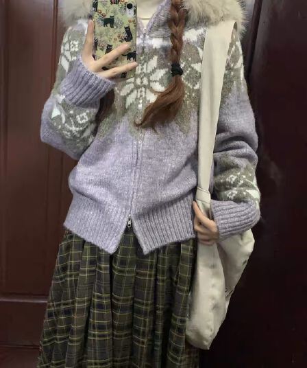 보라색 공정한 섬 후드 스웨터 여성 코트 가을 겨울철 더블 지퍼 두꺼운 모피 칼라 니트 오픈 가디건