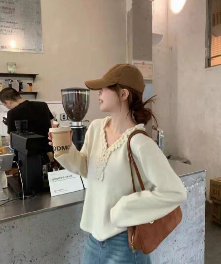 한 부서 디자인 센스 V넥 프릴 긴팔 니트 스웨터 가을 겨울 새로운 느긋한 바람 다용도 스웨터 인사이드 잡아라. 의류