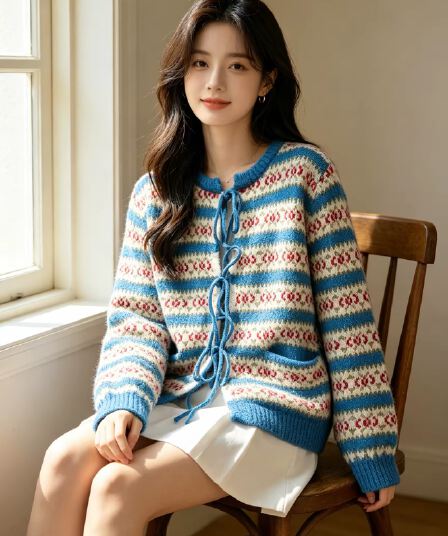 한 부서 귀여운 공정한 섬 무거운 작업 레이스업 니트 오픈 가디건 여성 코트 가을 겨울 부드러운 찹쌀 보온 긴팔 라운드 넥 스웨터