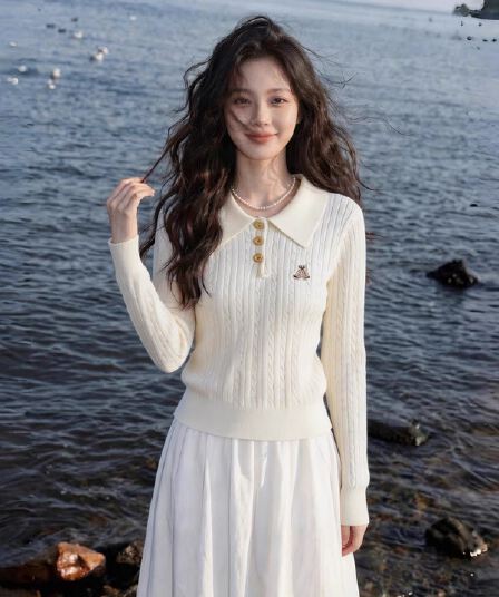 이른 가을 한 부서 자수 POLO 칼라 검정색 꽈배기 스웨터 봄 가을 새로운 긴팔 만나는 니트 스웨터 인사이드 잡아라. 의류
