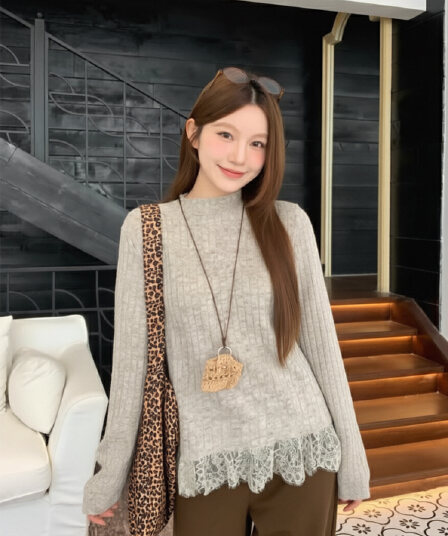 인사이드 가져 가라. 기본 셔츠 여성 2026 새로운 긴팔 티셔츠 반하이넥 한 부서 느긋한 레이스 니트 맨위