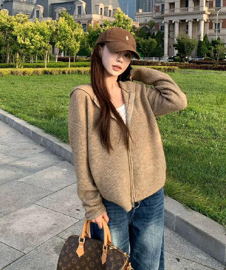 한 부서 느긋한 바람 후드 후아 남편 그리드 니트 오픈 가디건 여성 회색 더블 지퍼 루즈핏 스웨터 코트