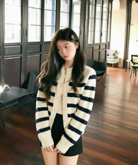 작은 샤넬 스타일 배색 스트라이프 라운드 넥 스웨터 세트 오픈 가디건 여성 가을 디자인 센스 Chic 맨위 고급 센스 니트 재킷