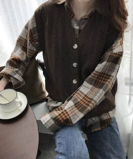 레트로 chic 고급 카키 색 격자 무늬 셔츠 여성 코트 가을과 겨울 한 부서 느긋한 바람 긴팔 셔츠 외출용