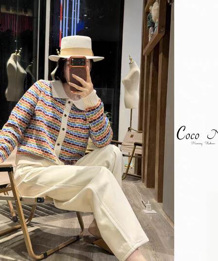 한 부서 가을 겨울 새로운 POLO 칼라 단추 색상 그리드 니트 오픈 가디건 여성 작은 대중 고급 센스 패션 출퇴근 스웨터